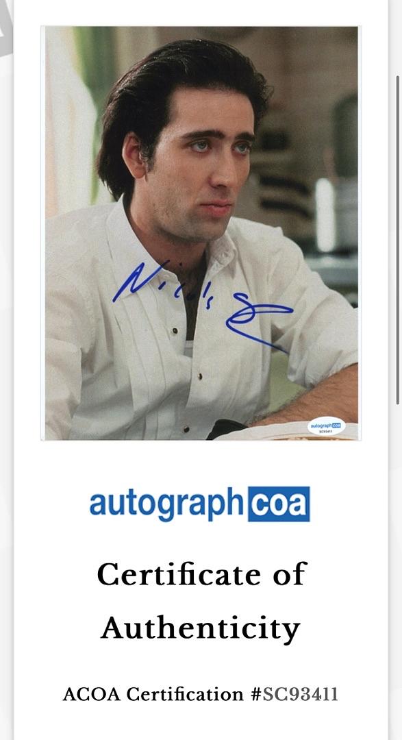 Nicholas Cage Signed 8x10 Photo (Moonstruck) - ACOA