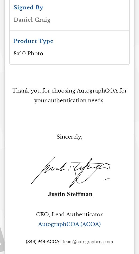 Daniel Craig Signed 8x10 Photo (James Bond) - ACOA