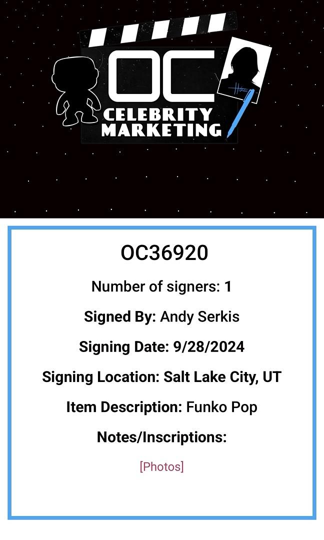 Andy Serkis Signed Funko Pop #532 "Gollum" (LOTR) - OC Celebrity Marketing