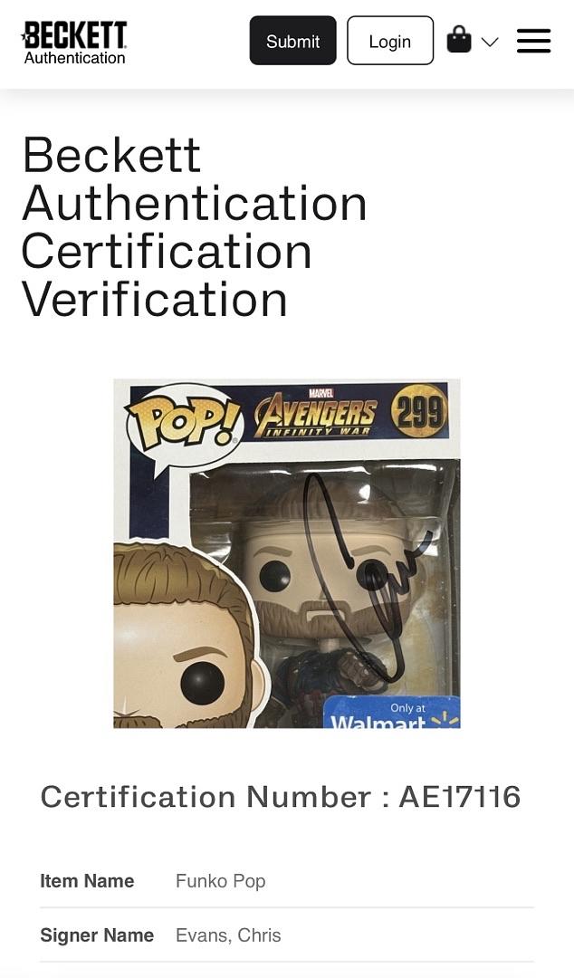 Chris Evans Signed Funko Pop #299 "Captain America" Avengers Infinity War (Black Ink) - Beckett COA