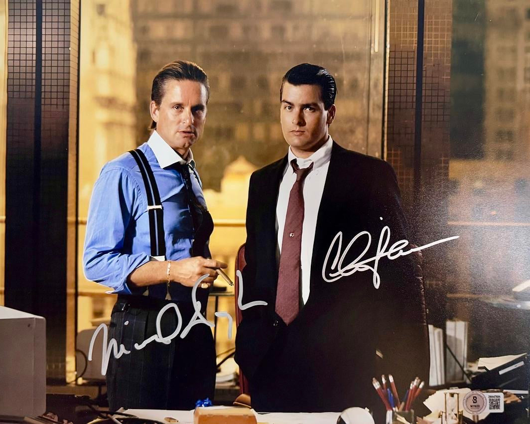 Michael Douglas & Charlie Sheen Signed Wall Street 11x14 (Silver Ink) - Beckett COA