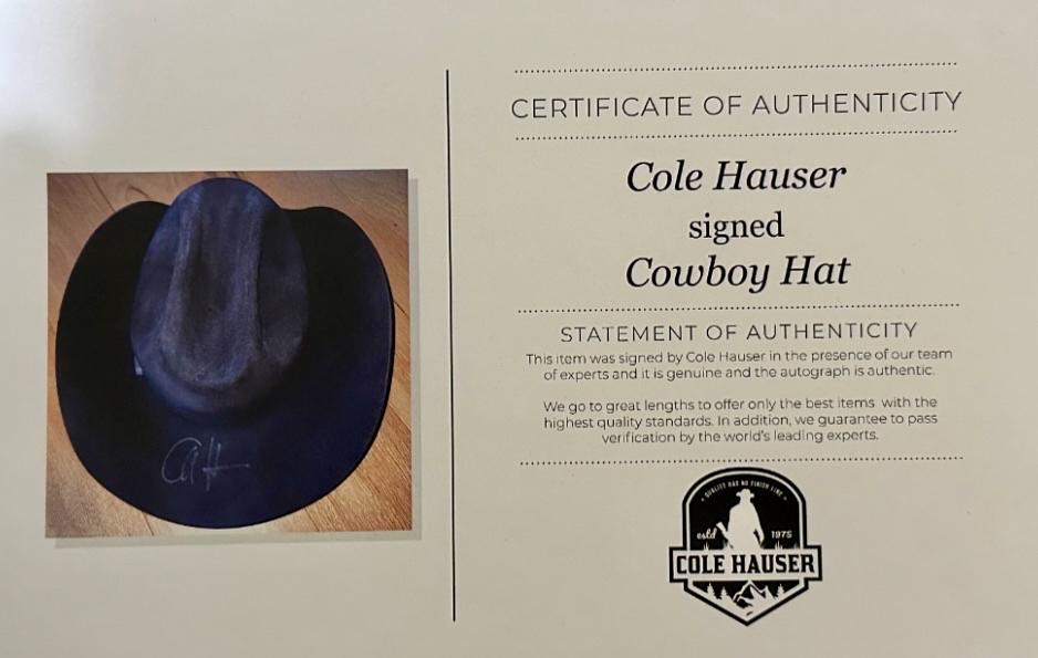Cole Hauser Signed Cowboy Hat (Yellowstone) *RARE* - Beckett COA