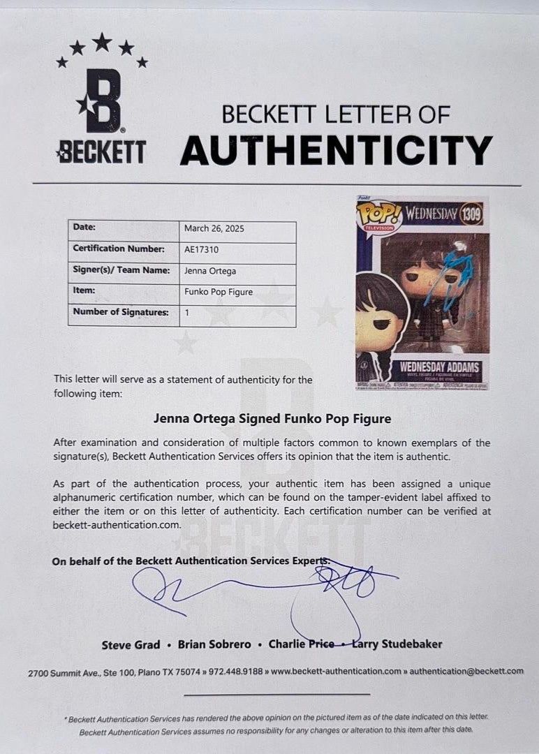 Jenna Ortega Signed Funko Pop #1309 "Wednesday Addams" *RARE* - Beckett COA with full letter of authenticity