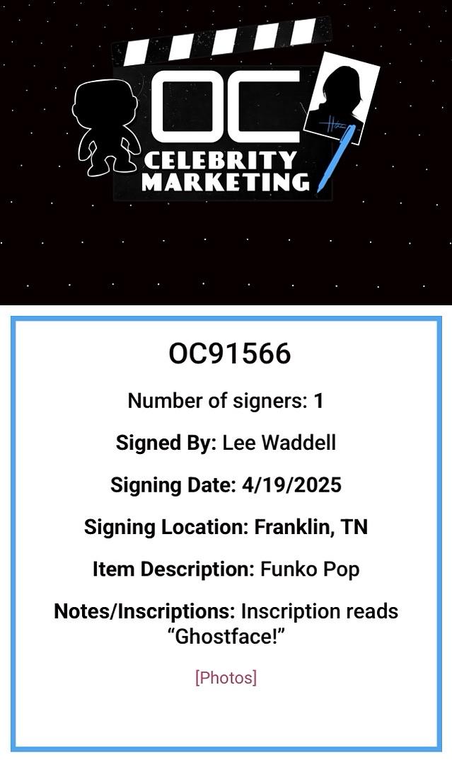 Lee Waddell Signed Funko Pop #1607 "Ghost Face" (Scream) - OC Celebrity Marketing
