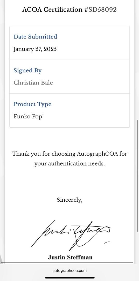 Christian Bale Signed Funko Pop #1092 Gorr (Thor Love & Thunder) - ACOA #01