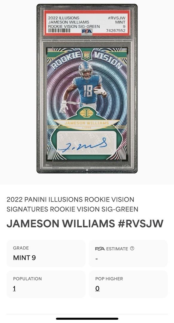 2022 Jameson Williams Panini Illusions Rookie Vision Signed Slabbed Card - PSA 9