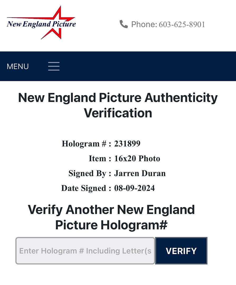 Jarren Duran Signed 16x20 Photo Boston Red Sox - NEP / SureShot COA