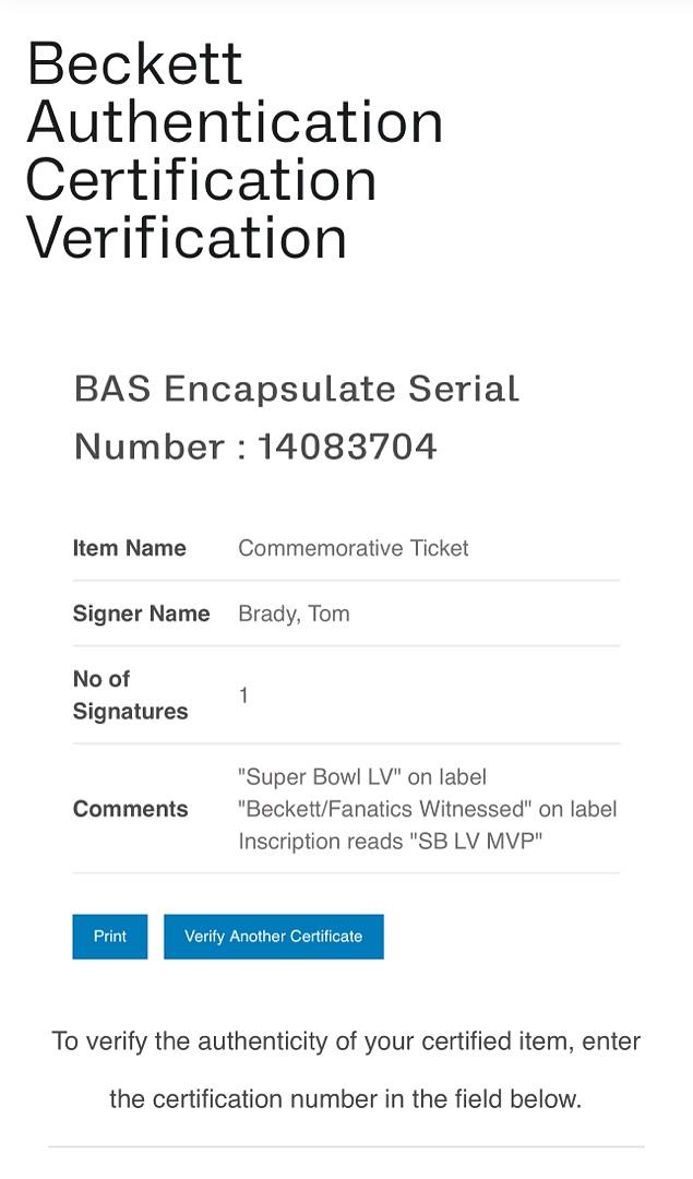 Tom Brady Autographed Official Super Bowl LV Ticket slabbed w/Inscription "Super Bowl LV MVP" Beckett Slabbed & Fanatics COA #01