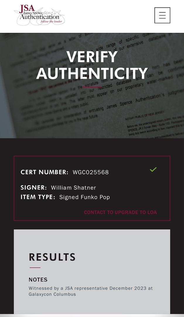 William Shatner Signed Funko Pop #1138 "Captain Kirk" (Star Trek) - JSA COA