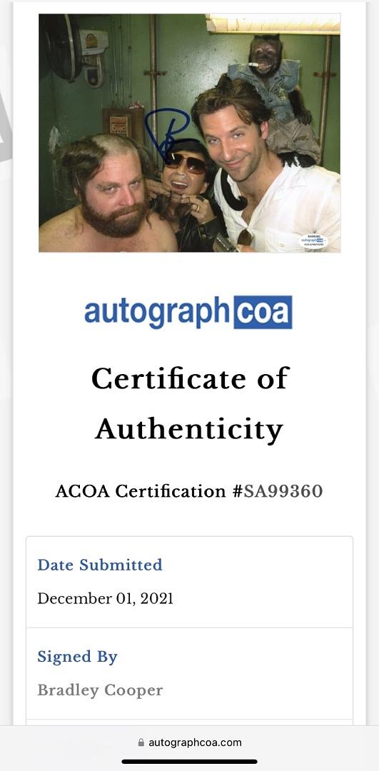 Bradley Cooper Signed 8x10 Photo (The Hangover) - ACOA