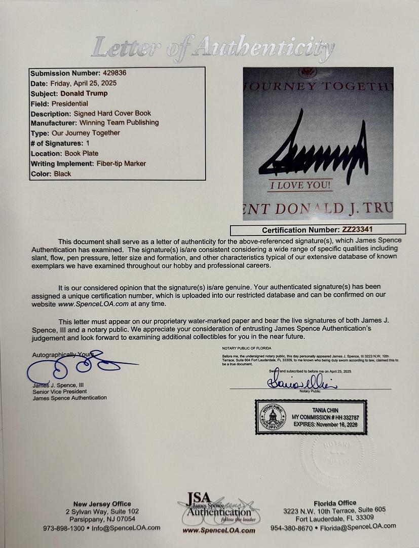 Donald Trump Autographed Book Our Journey Together Signed Bookplate - JSA COA #01