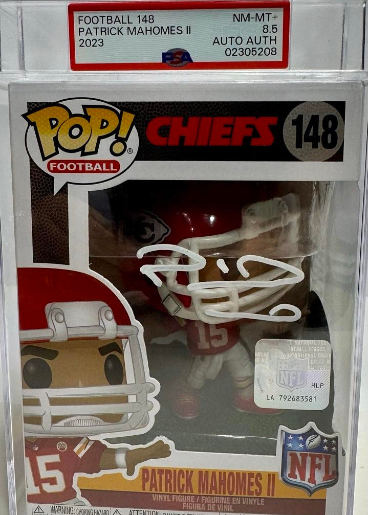 Patrick Mahomes Signed Kansas City Chiefs Funko Pop (White Ink) #148 - PSA Graded Near Mint, Authenticated / Encapsulated - Beckett & PSA COA