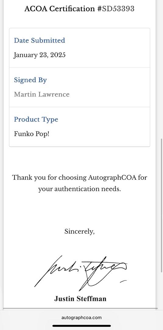Martin Lawrence Signed Funko Pop #870 Marcus Burnett (Bad Boys) - ACOA