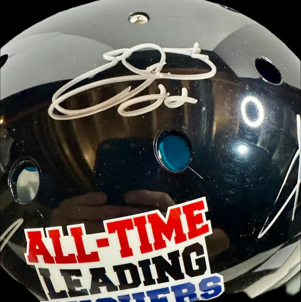 All Time Leading Rushers - Running Back Legends Emmitt Smith, Frank Gore, Barry Sanders, Adrian Peterson Signed Full-Size Black Schutt Helmet - Tristar COA