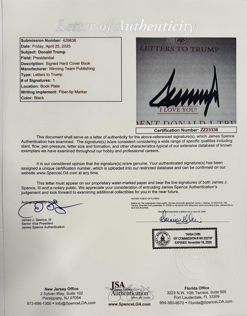 Donald Trump Autographed Book Letters to Trump Signed Hardcover - JSA COA #02