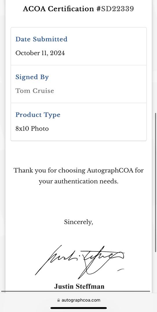 Tom Cruise Signed 8x10 Photo (Taps) - ACOA