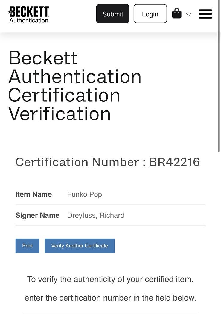 Richard Dreyfuss Signed Funko Pop #1756 Matt Hooper (Jaws) - Beckett COA #03