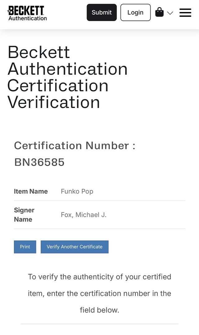 Michael J Fox Signed Funko Pop #961 Marty McFly Back To The Future - Beckett COA #1