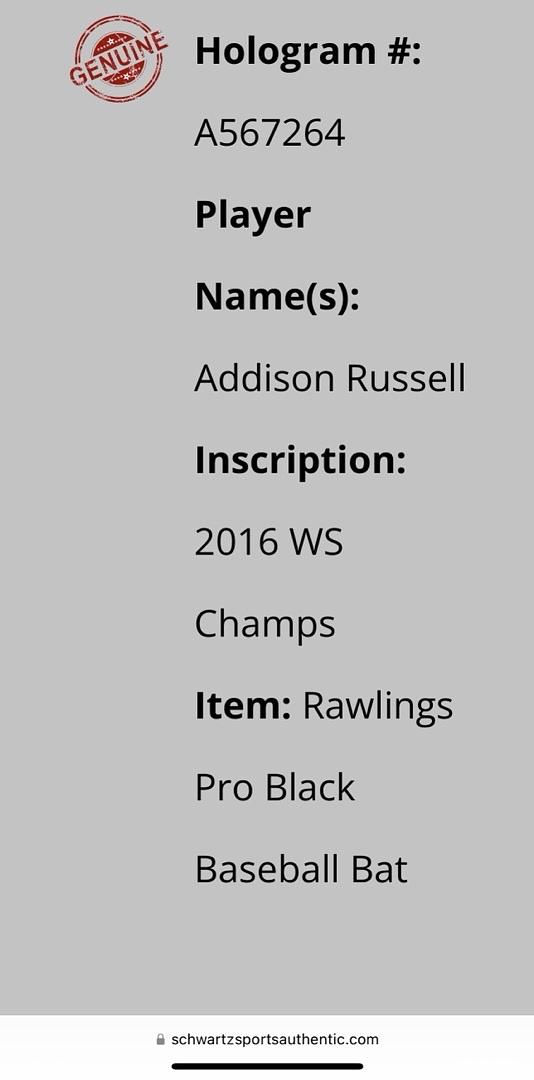 Addison Russell Autographed Black Rawlings Bat w/ 2016 WS Champs Inscription Schwartz COA