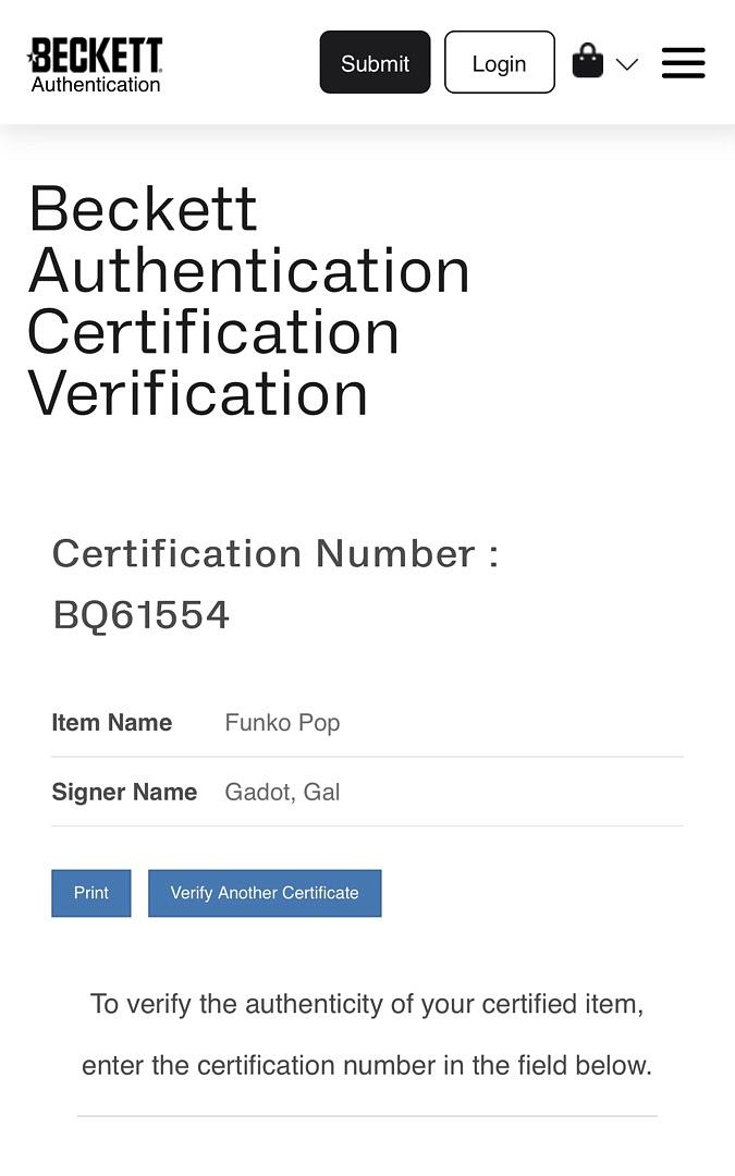 Gal Gadot Signed Funko Pop #172 Wonder Woman - Beckett COA