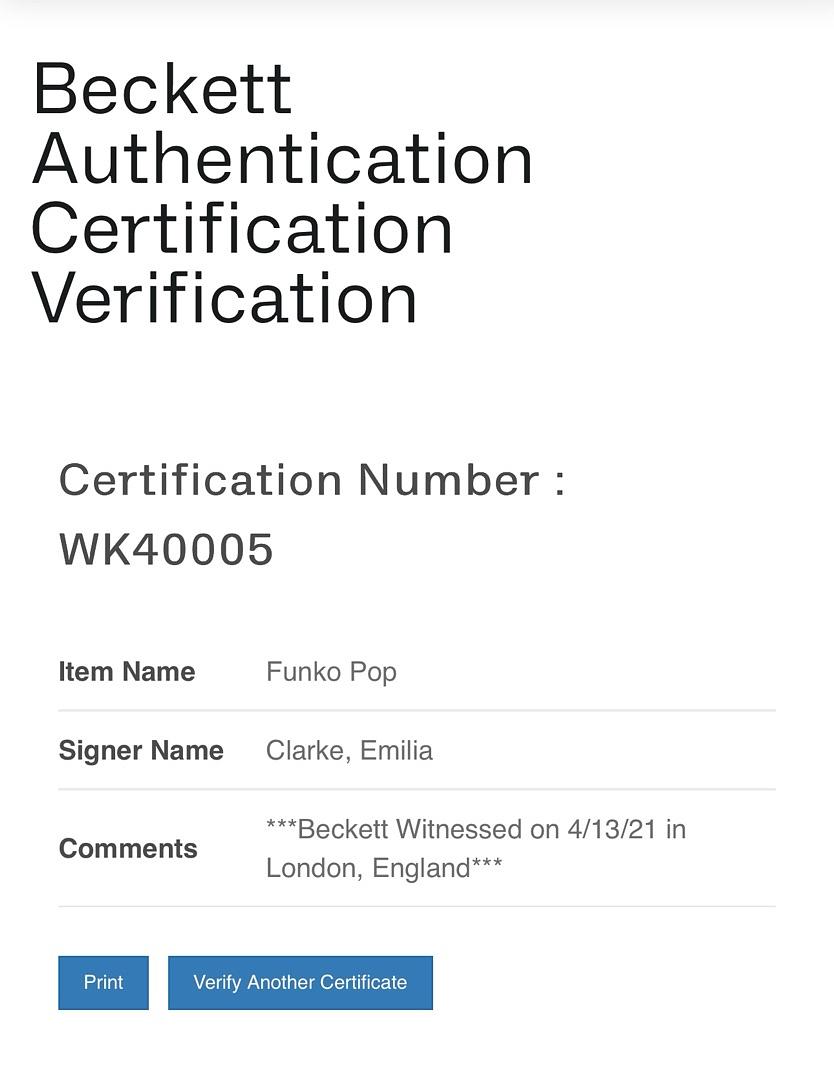 Emilia Clarke Signed Funko Pop #25 Daenerys Targaryen (Blue Ink) - Beckett COA