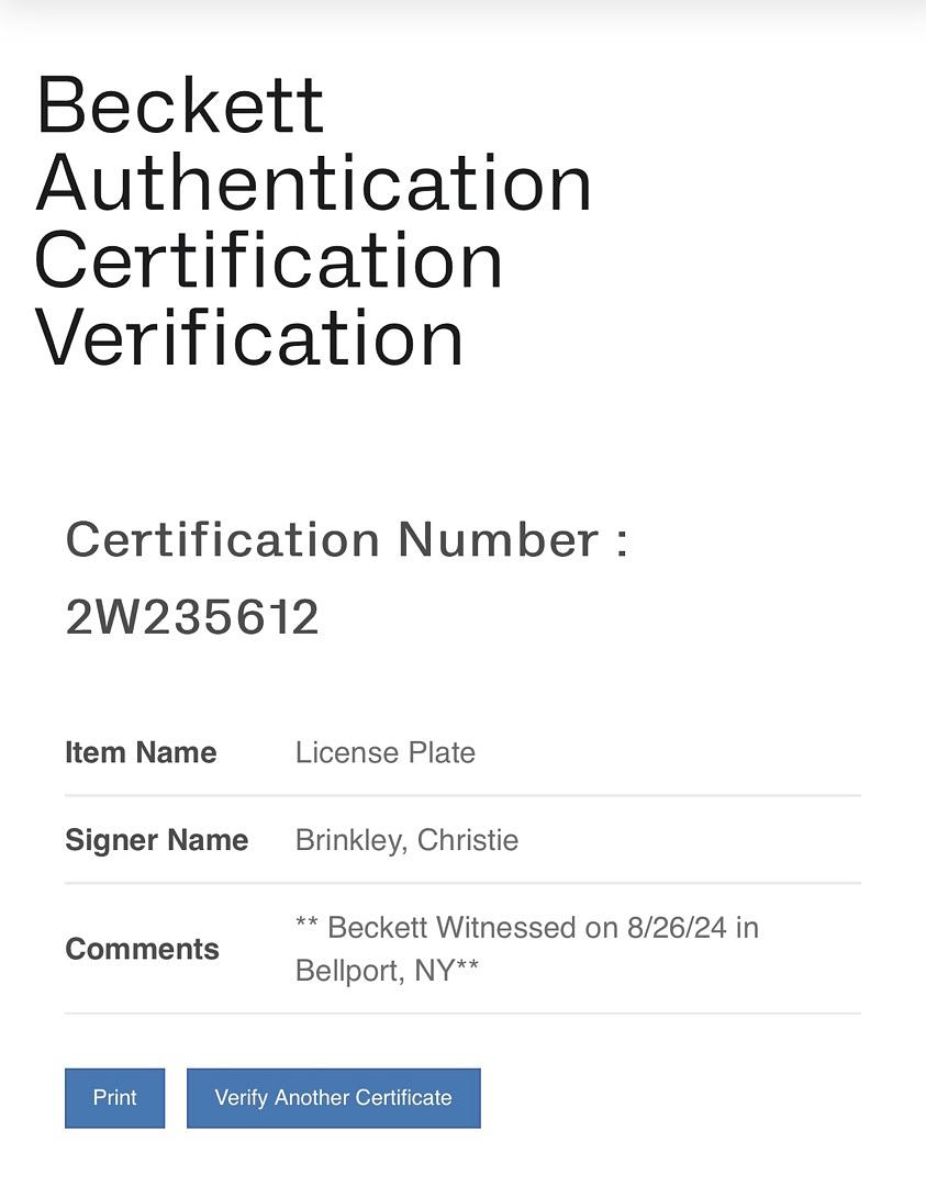 Christie Brinkley Signed License Plate (National Lampoons Vacation) - Beckett COA #01