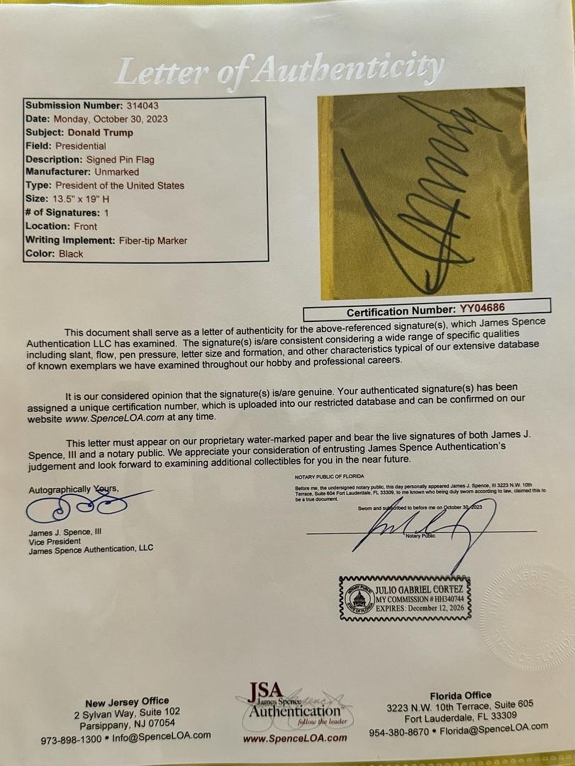 Donald Trump Signed Golf Flag Presidential Seal Autographed - JSA COA w/full letter of authenticity