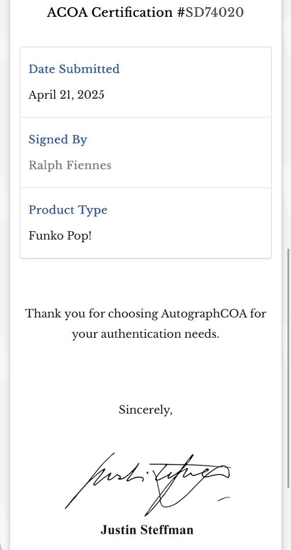 Ralph Fiennes Signed Funko Pop #06 Lord Voldemort (Harry Potter) - ACOA