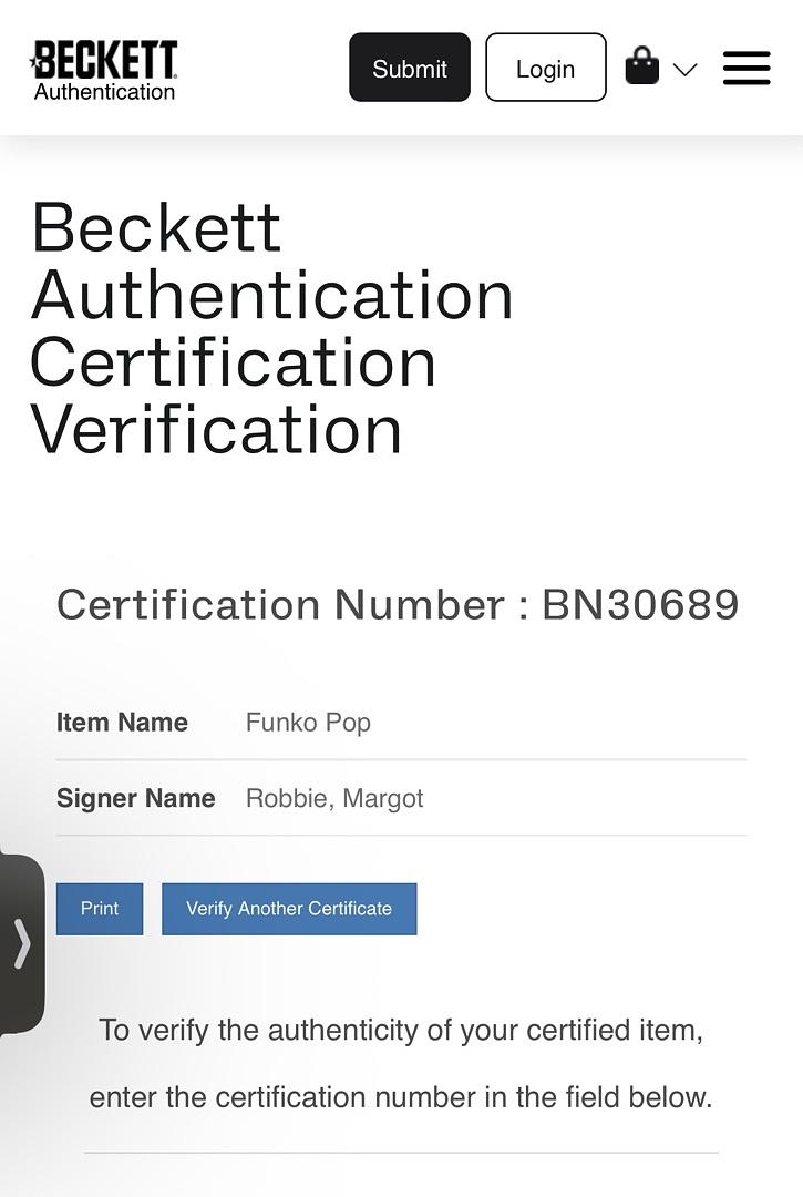 Margot Robbie Signed Funko Pop #494 Harley Quinn (Suicide Squad) - Beckett COA