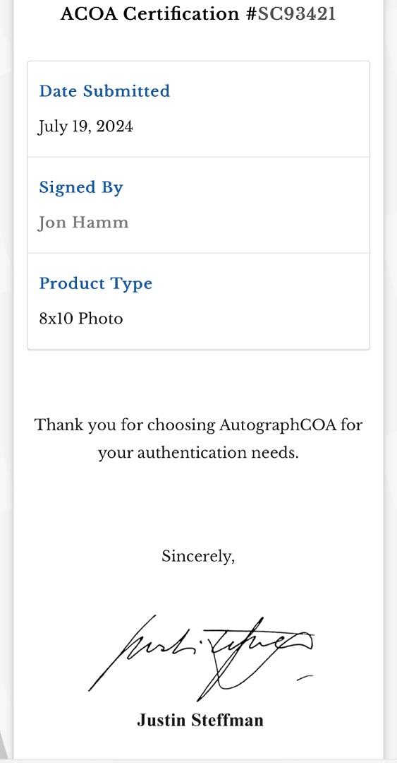 Jon Hamm Signed 8x10 Photo (Mad Men) - ACOA