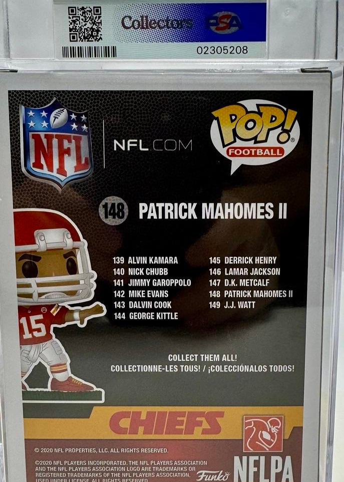 Patrick Mahomes Signed Kansas City Chiefs Funko Pop (White Ink) #148 - PSA Graded Near Mint, Authenticated / Encapsulated - Beckett & PSA COA