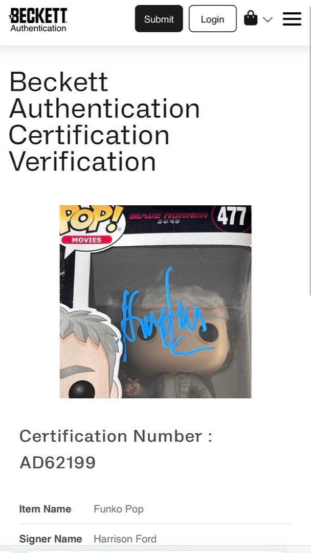 Harrison Ford Signed Funko Pop #477 "Deckard" Blade Runner - Beckett COA w/full letter of authenticity