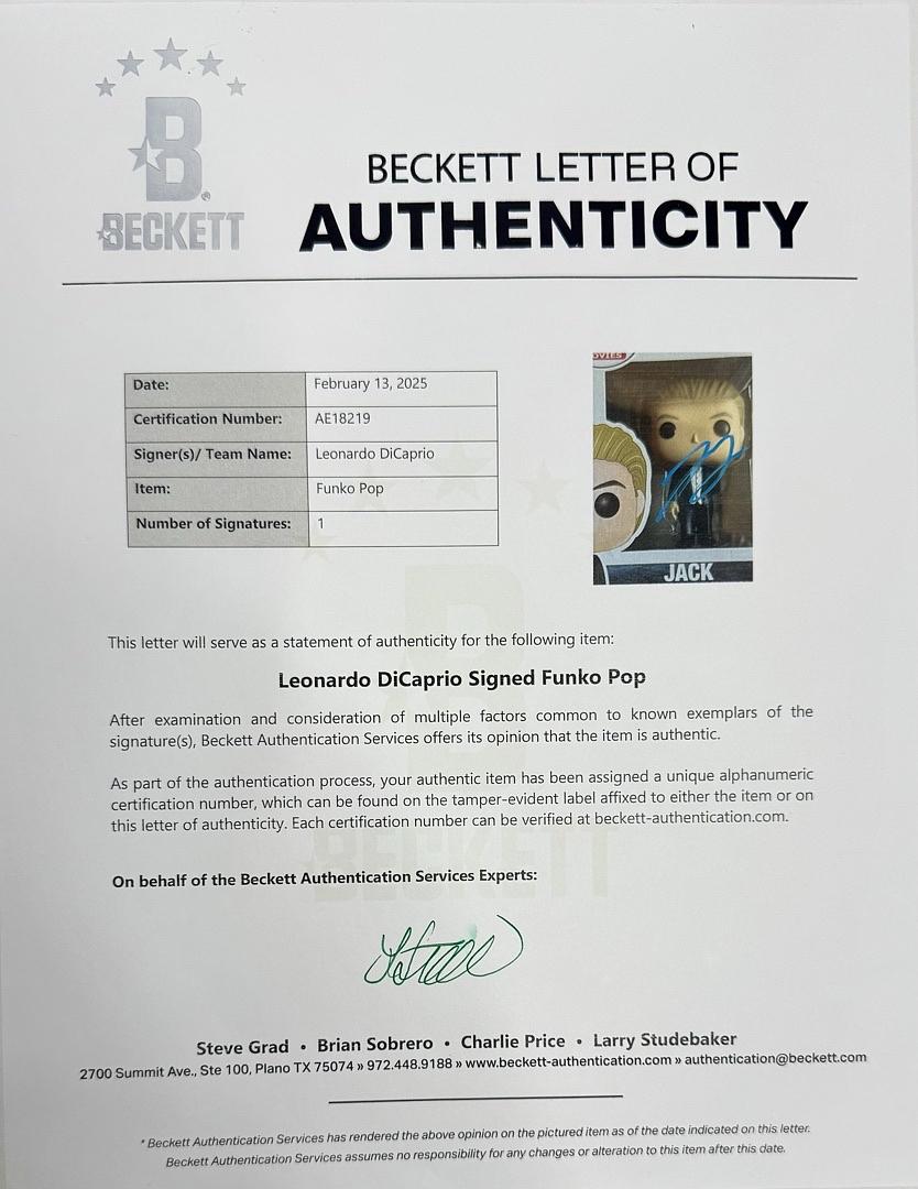 Leonardo DiCaprio Signed Funko Pop #706 "Jack" Titanic - Beckett COA #01 - full letter of authenticity