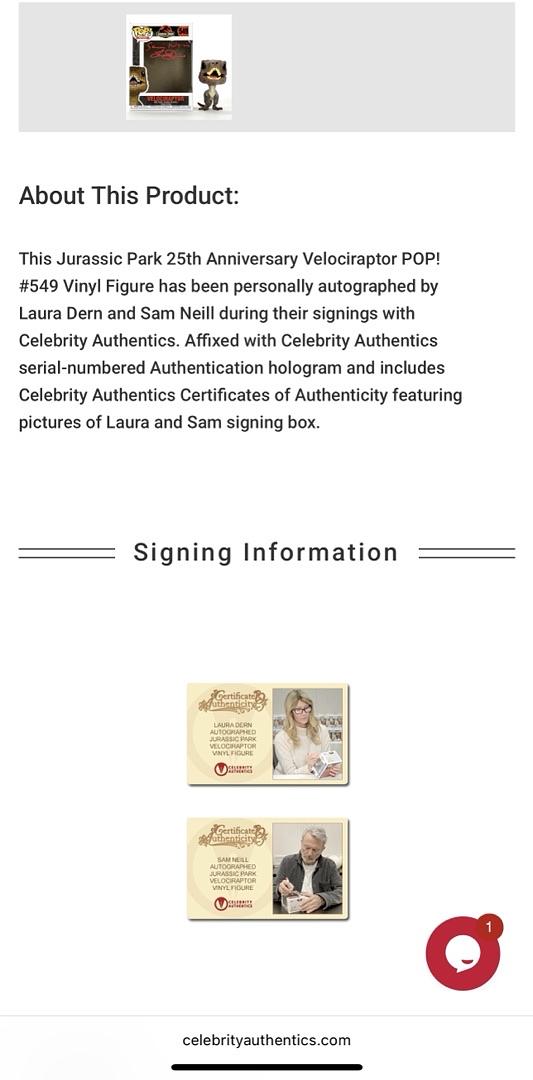 Laura Dern & Sam Neill Signed 25th Anniversary Funko Pop #549 (Jurassic Park) - Celebrity Authentics #02
