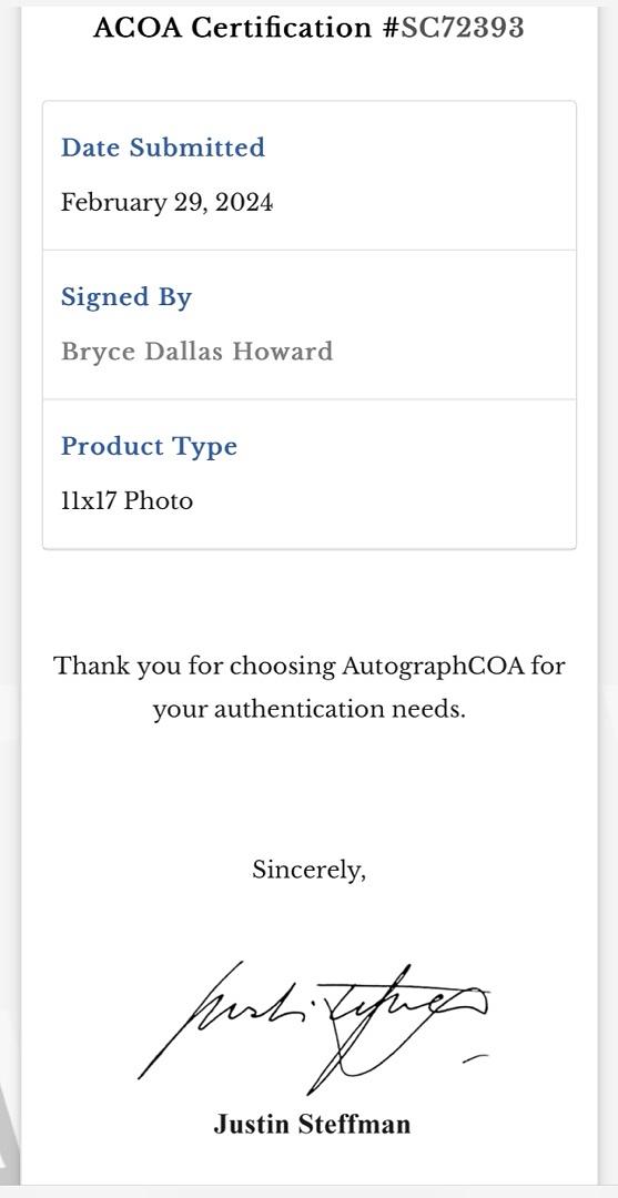 Bryce Dallas Howard Signed 11x17 Photo (Argyle) - ACOA
