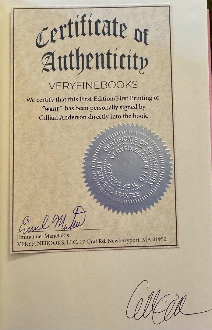 Gillian Anderson Autographed 1st Edition Want Very Fine Books COA - #01