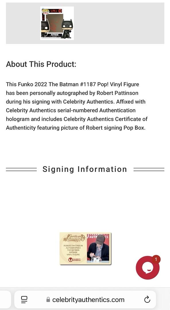 Robert Pattinson Signed Funko Pop #1187 The Batman - Celebrity Authentics