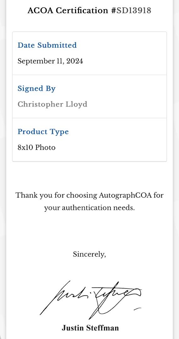 Christopher Lloyd Signed 8x10 Photo (Back To The Future) - ACOA