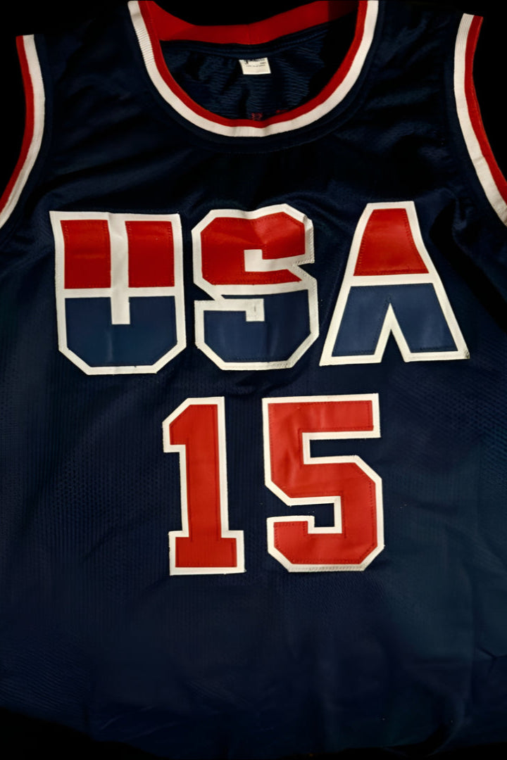 Magic Johnson Signed Team USA Custom Blue Jersey - Beckett COA