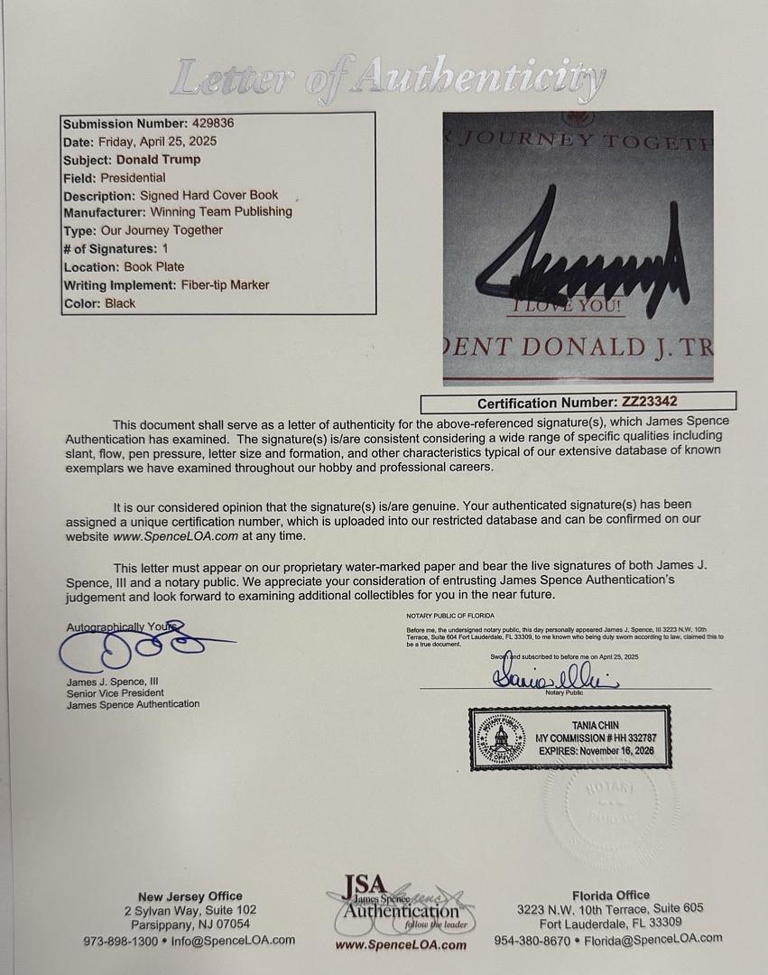 Donald Trump Autographed Our Journey Together Book Signed Bookplate - JSA COA #03