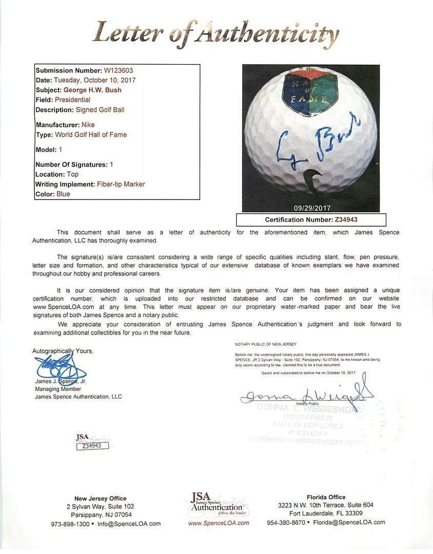 George Bush Signed Golf Hall Of Fame Golf Ball - JSA COA W/full letter of authenticity