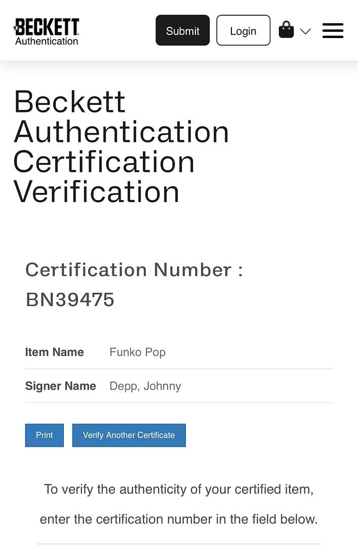 Johnny Depp Signed Funko Pop #1482 Jack Sparrow (Blue Ink) - Beckett COA #1