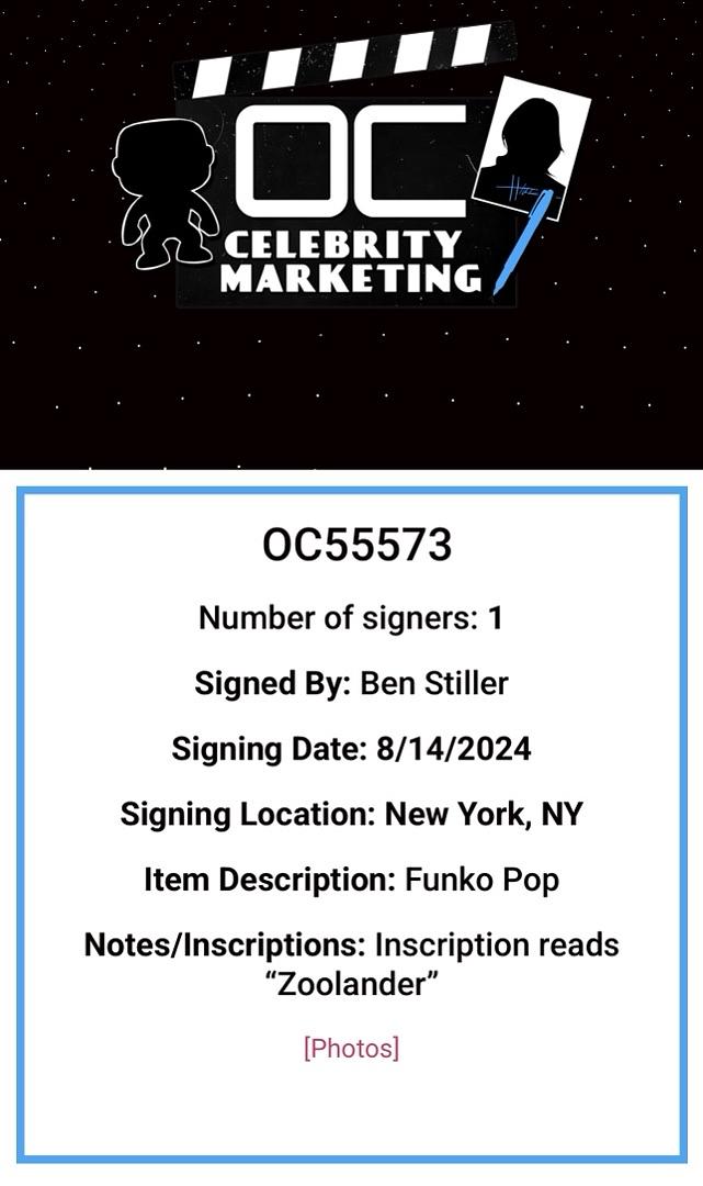 Ben Stiller Signed Funko Pop #703 "Derek Zoolander" - OC Celebrity Marketing #01
