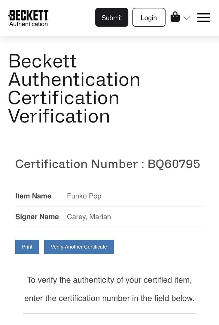 Mariah Carey Signed Funko Pop #276 - Beckett COA