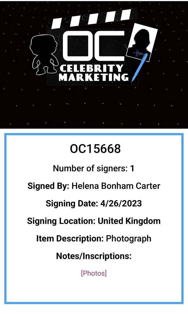 Helena Bonham Carter Signed 11x14 (Harry Potter) - OC Celebrity Marketing