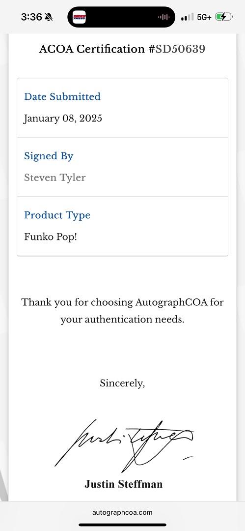 Steven Tyler Signed Funko Pop #172 (Aerosmith) *RARE* - ACOA