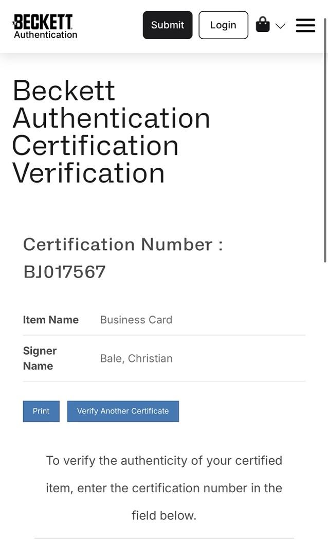 Christian Bale Signed Business Card (American Psycho) - Beckett COA