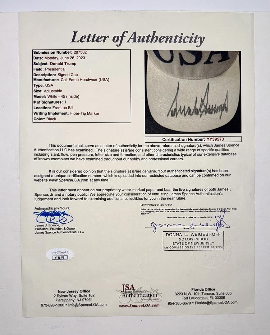 Donald Trump Signed USA Hat/Cap (White) - JSA COA w/full letter of authenticity