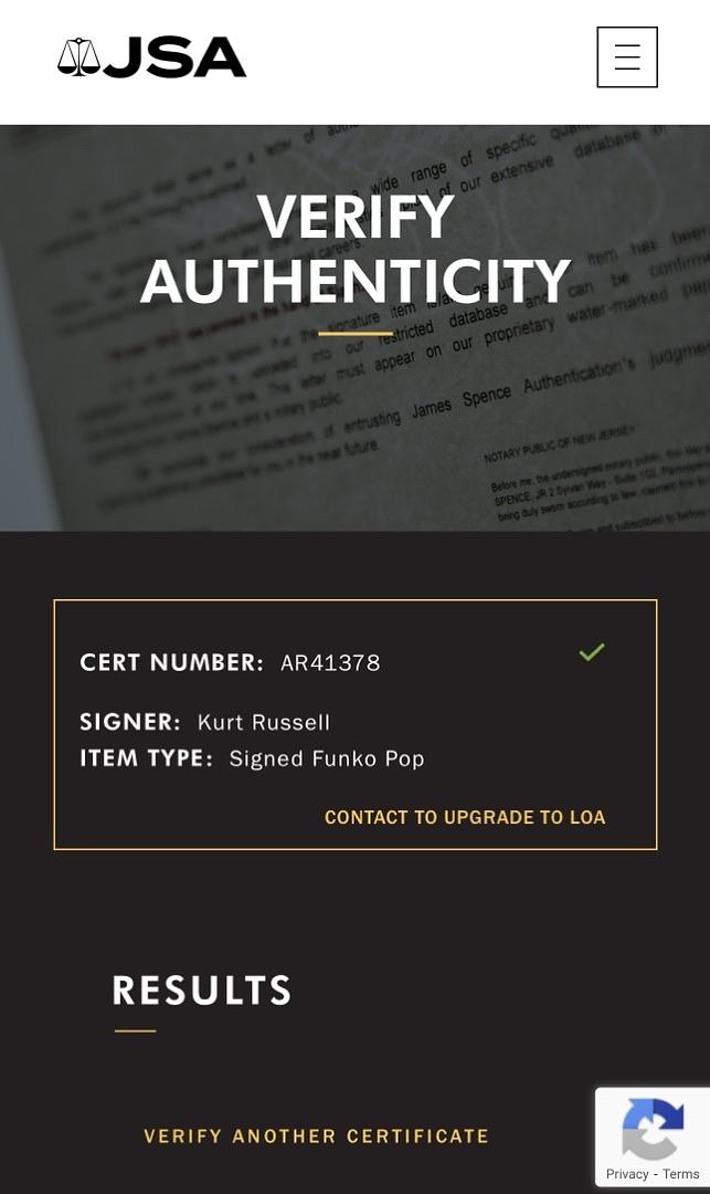 Kurt Russell Signed Funko Pop #851 Wyatt Earp Tombstone (Blue Ink) - JSA COA