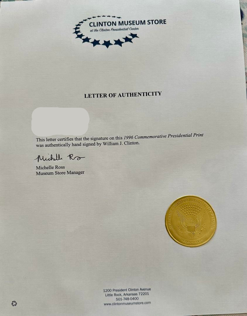 Bill Clinton Signed White House Commemorative Presidential Print - Clinton Library Certified